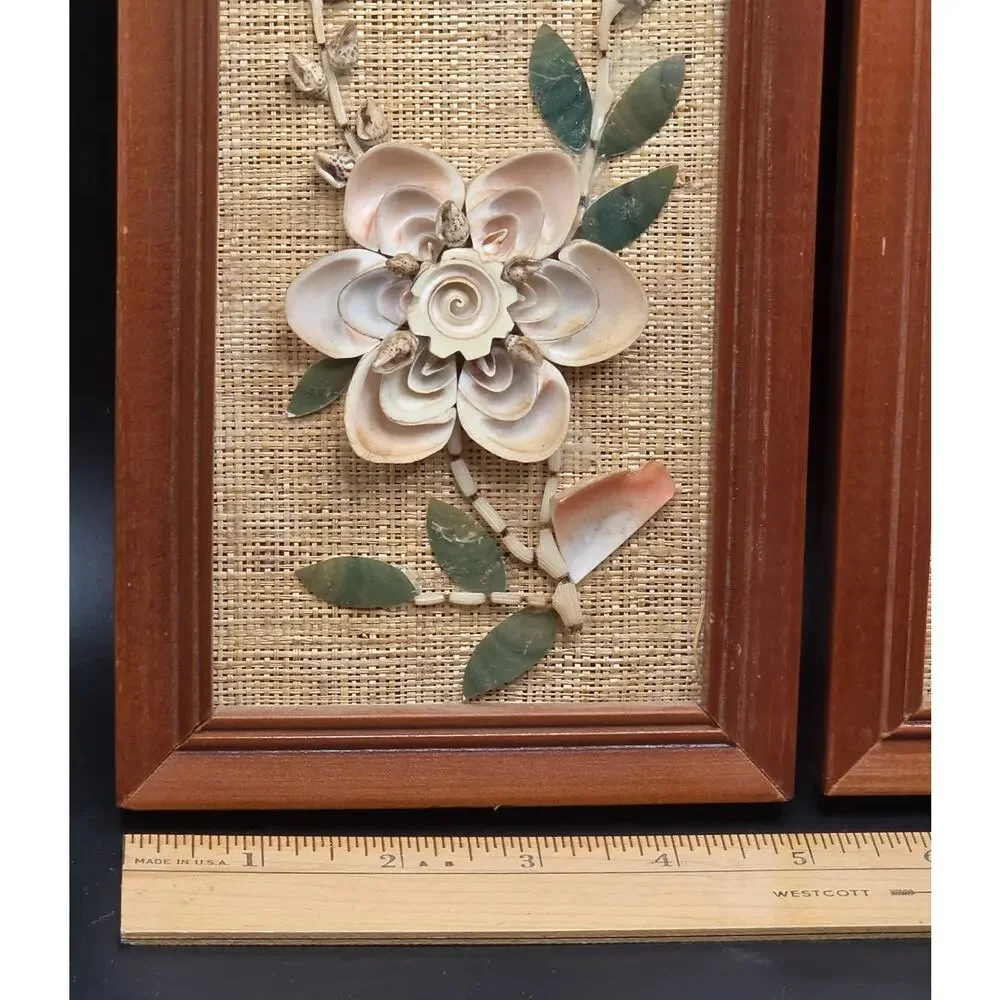 Vintage Mid Century 3D Seashell Flower Art Framed Picture Set MCM Coastal Decor